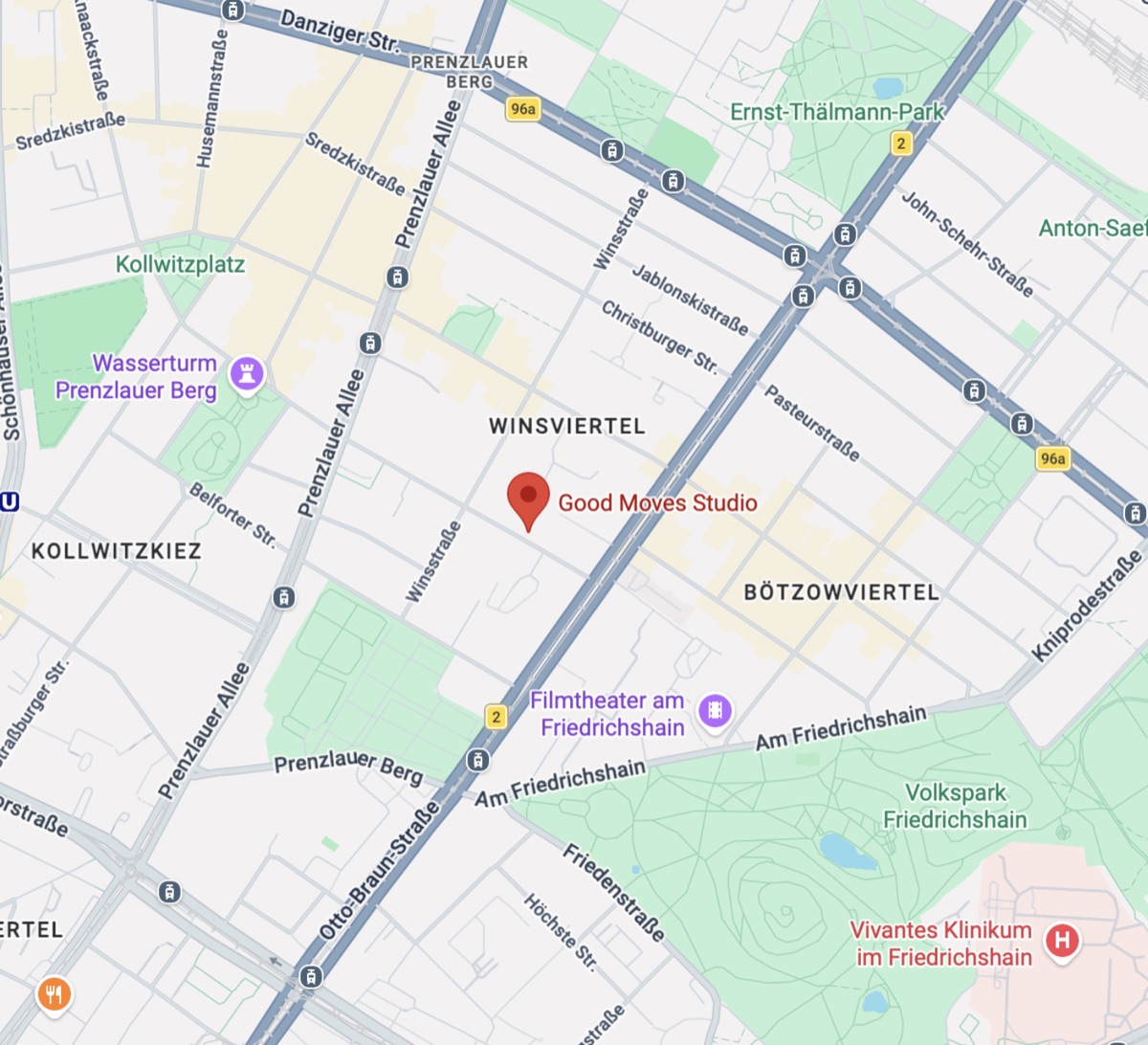 Map with the Good Moves Studio pin in the Winsviertel, Prenzlauer Berg